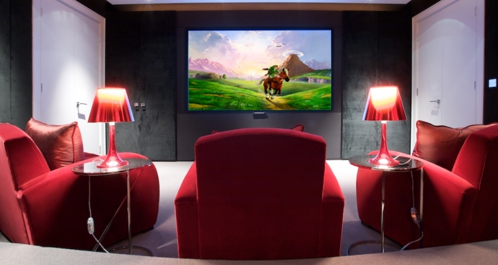 Basement cinema with hidden loudspeakers Hampstead Heath Cinema with Sony Projector