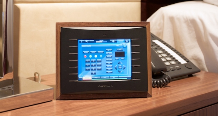 Master Bedroom Crestron TPS-6L in custom bedside table mount Master Bedroom Crestron TPS-6L in custom bedside table mount